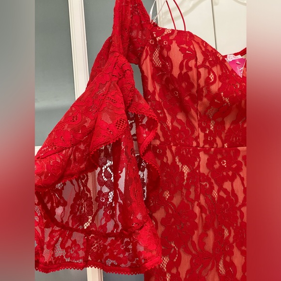 A'GACI Women's Red Lace Off The Shoulder Long Flutter Sleeve Mini Dress Size S - Picture 12 of 14